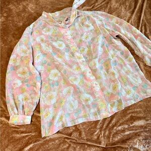 XL-XXL Soft Pink Floral Tie-Neck Blouse Handmade Lightweight Button down